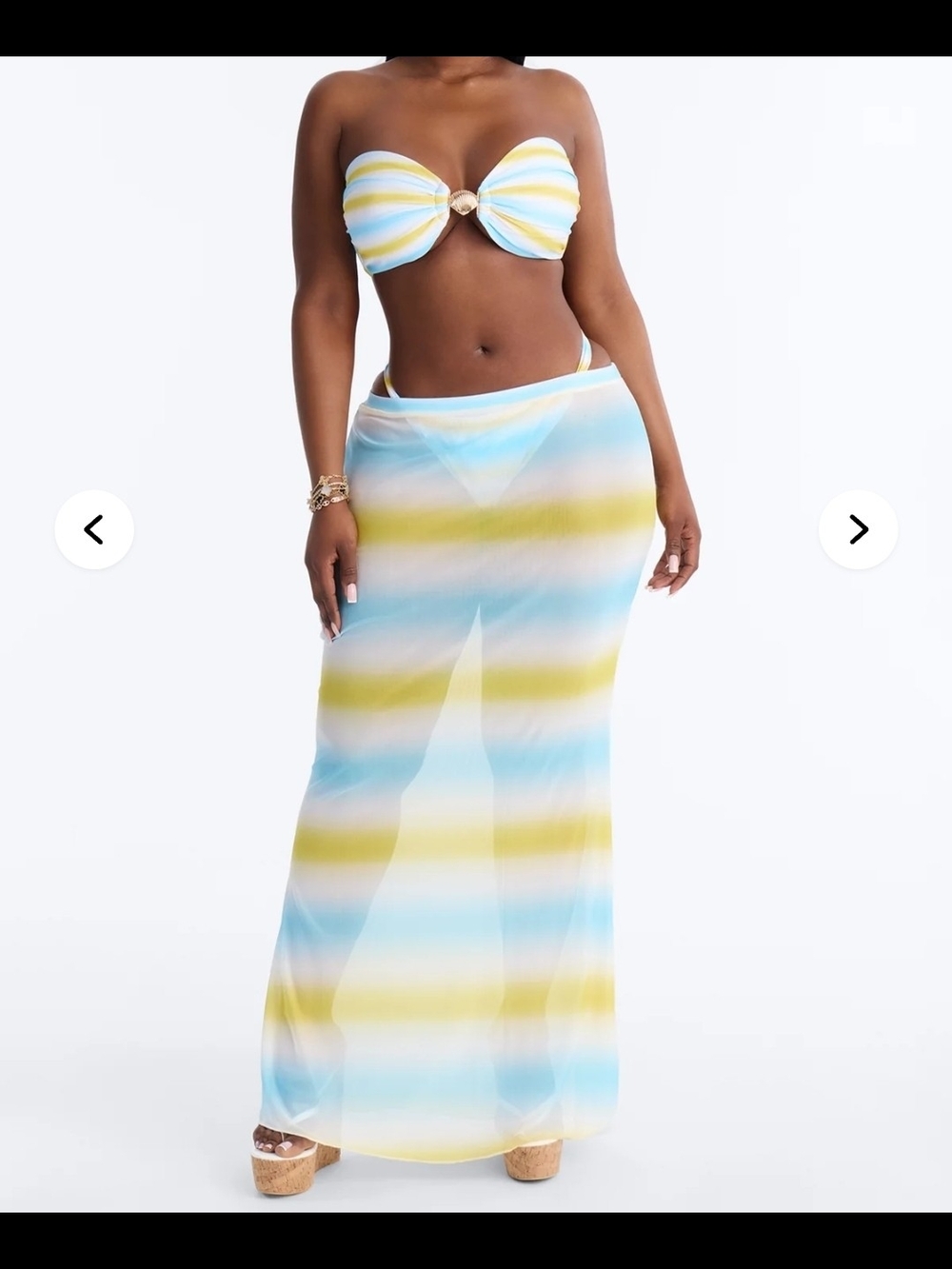 Striped Bandeau 3 Piece Bikini Set- Blue & Yellow